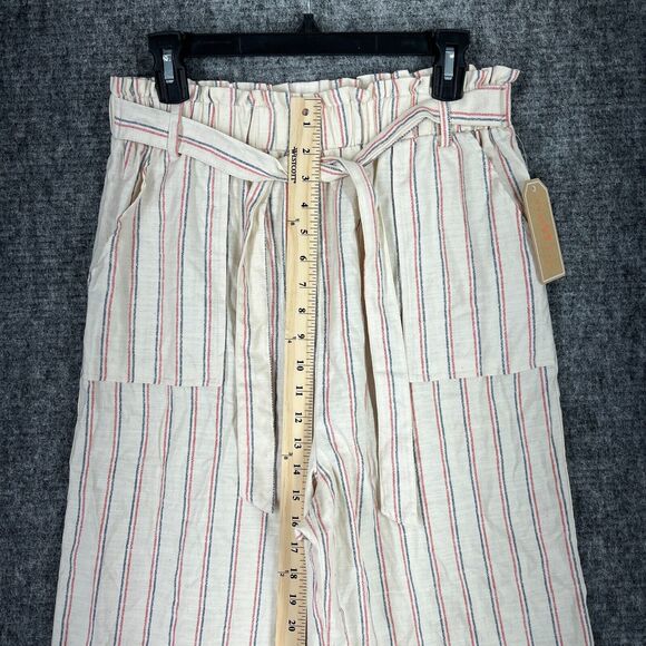 COPPER KEY PANTS WOMENS LARGE NATURAL STRIPED‎ BELTED WIDE-LEG CROPPED TROUSER - Picture 10 of 12